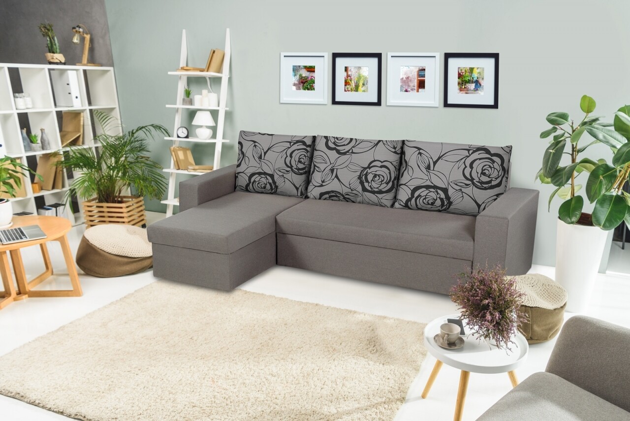 Coltar extensibil reversibil Oslo Grey, cu lada de depozitare, 247x148x78 cm, Grey Flower - imagine 7